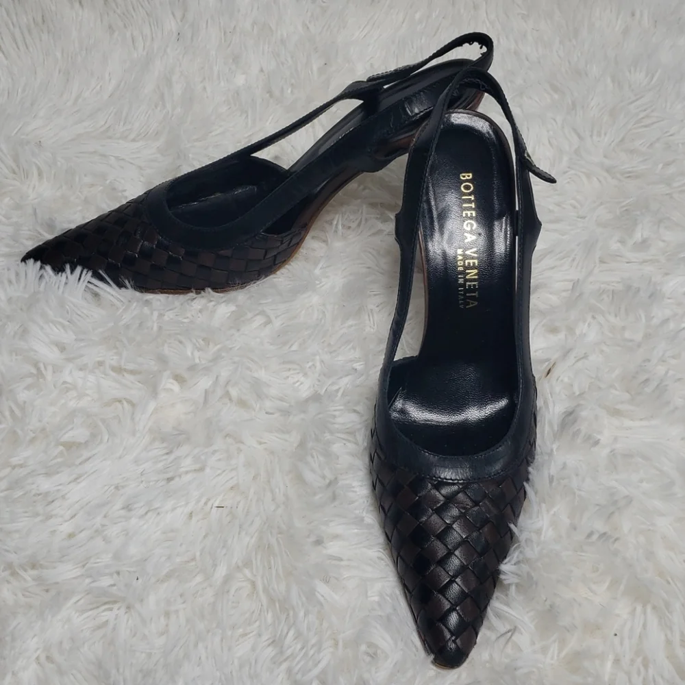 Bottega Veneta Black Woven Leather Pointed Slingback Platforms